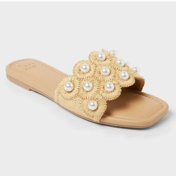 a new day Shoes - A New Day Delaney Ornament Pearl Slide Sandals Memory Foam Insole Tan 9.5